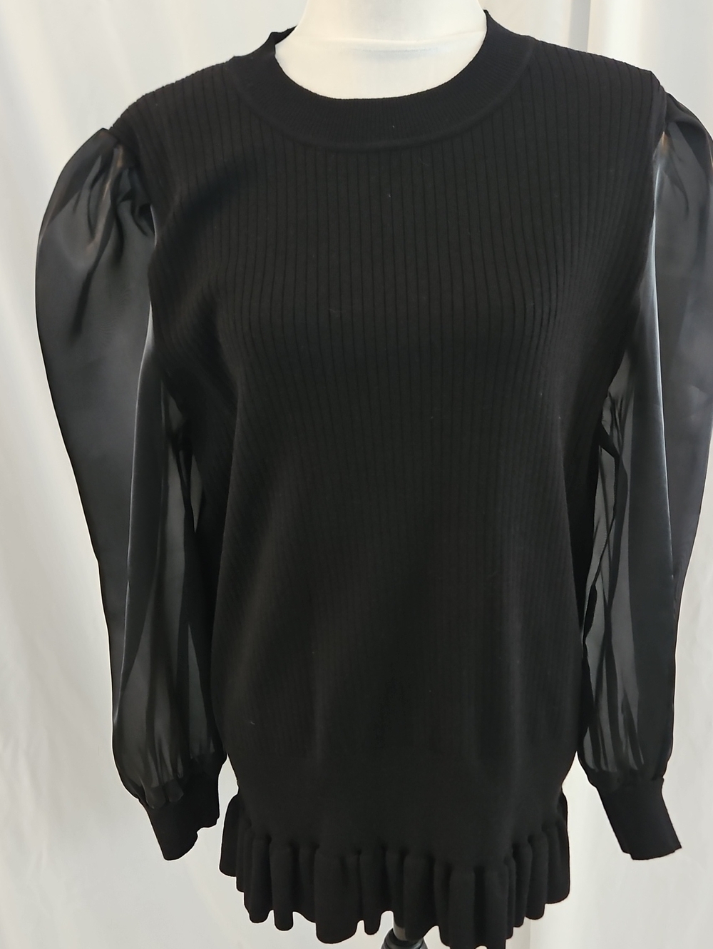 Jess Lea Black Ribbed Knit Top with Sheer Puff Sleeves Size XL